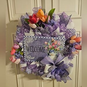 Hand Crafted Purple and Pink Welcome Wreath